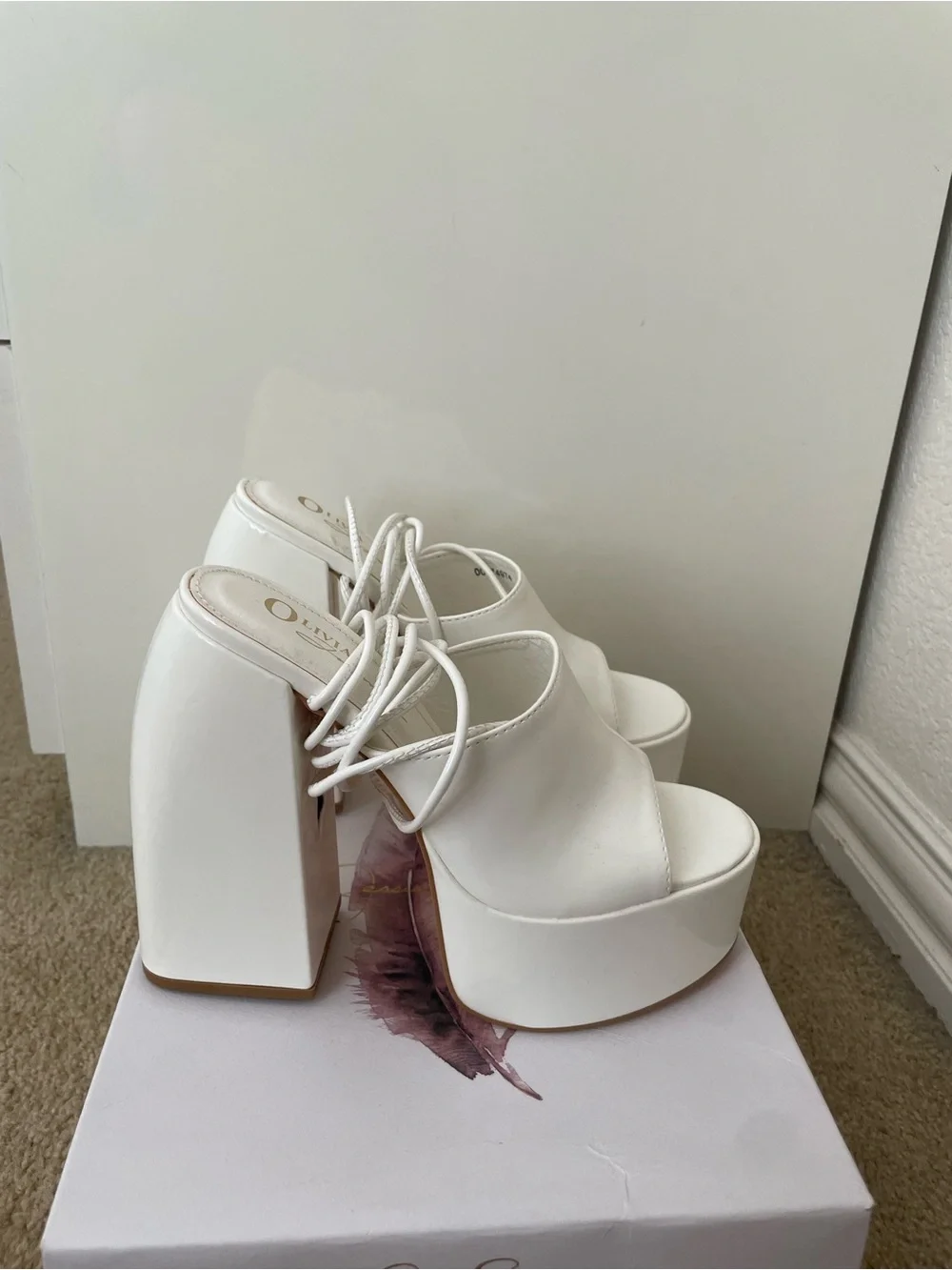 White Platform Lace-Up Chunky Heel Mules